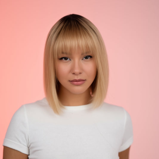 Ariadni: Μελί Ξανθιά Καρέ Περούκα με Καστανή Ρίζα και Αφέλειες MACO HAIR SYSTEMS